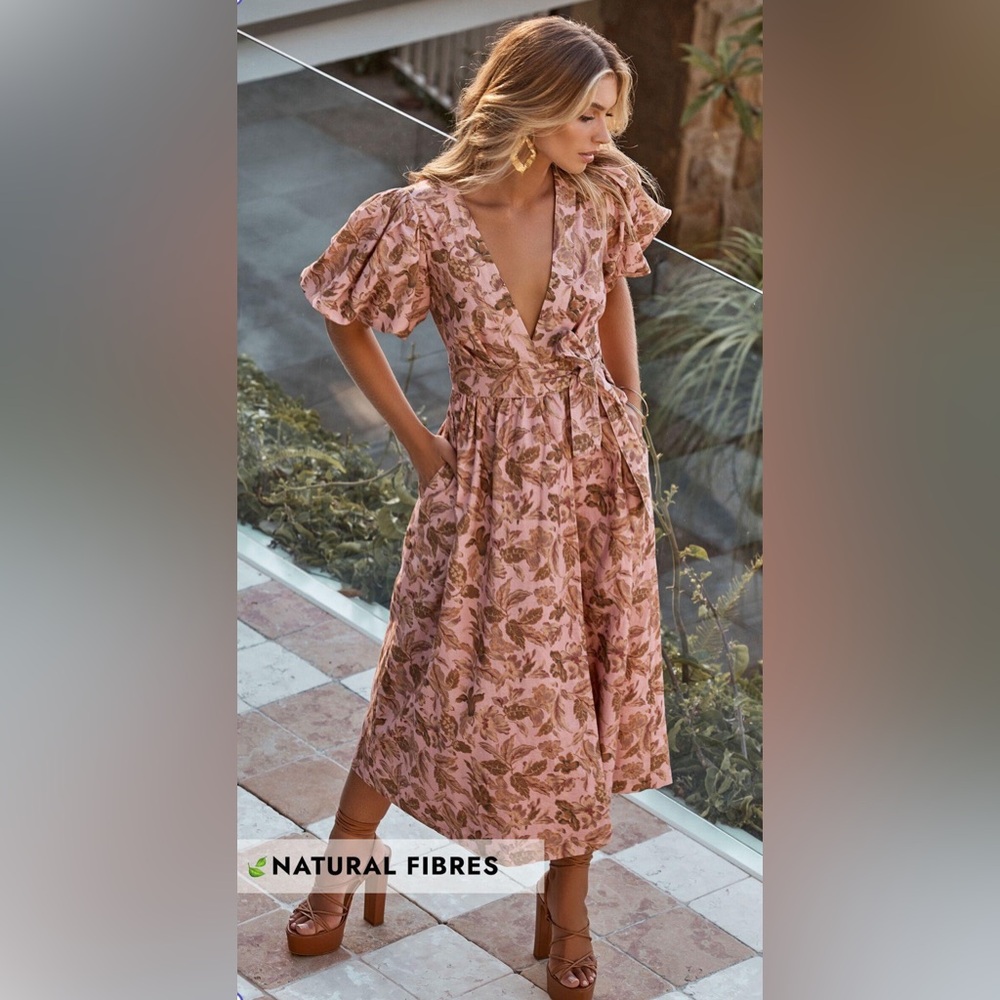 AMALIE THE LABEL - FRANC LINEN PUFF SLEEVE WRAP MIDI DRESS IN VAHALA PRINT